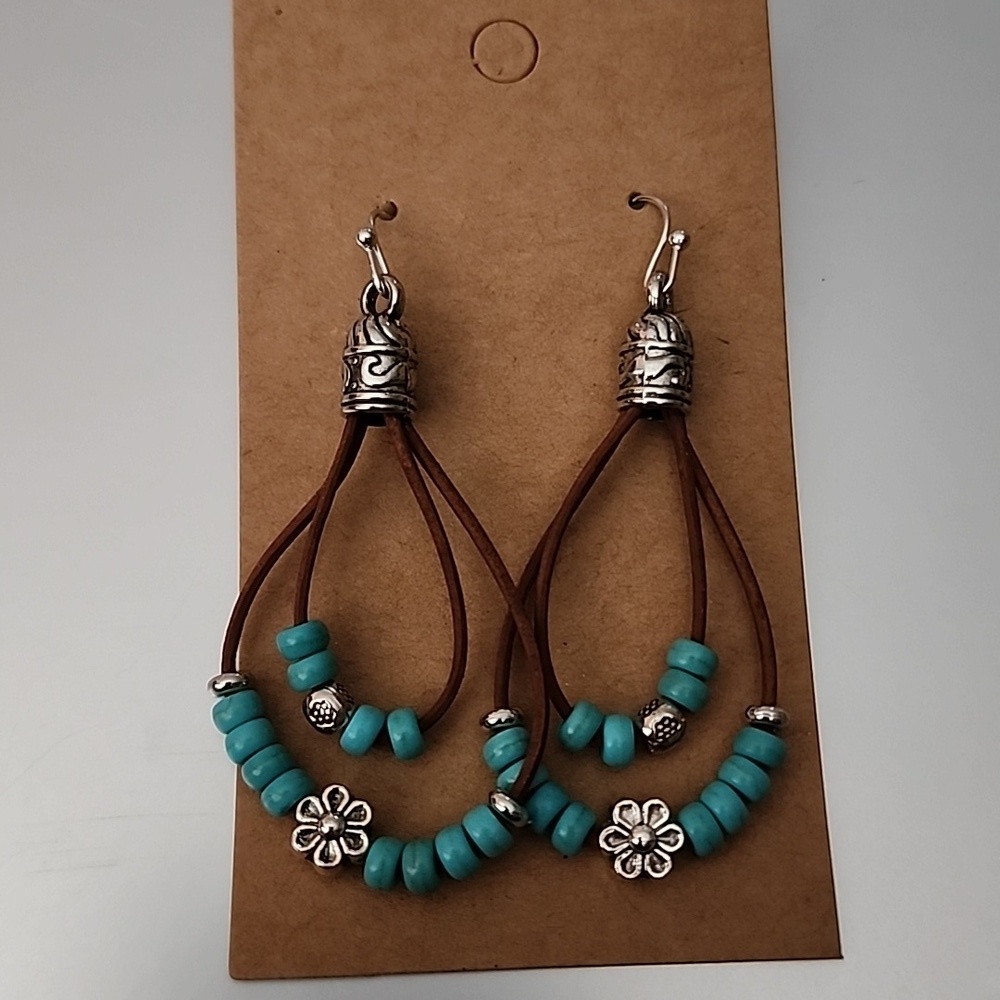 Natural Turquoise Beaded leather Dangle Boho Earrings